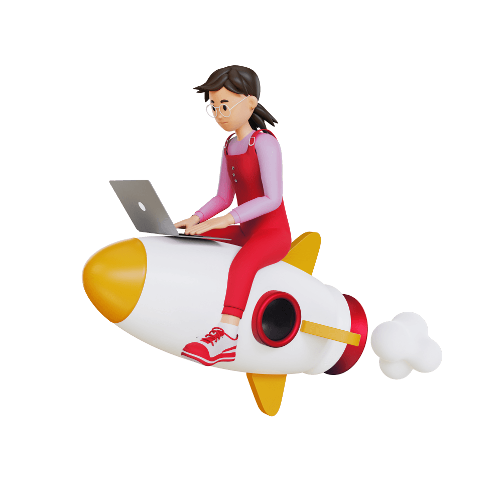 A woman working on a laptop while riding a rocket