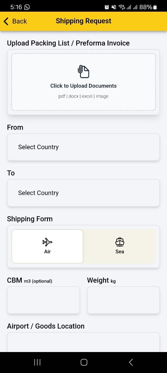 ATS Network shipping request screen