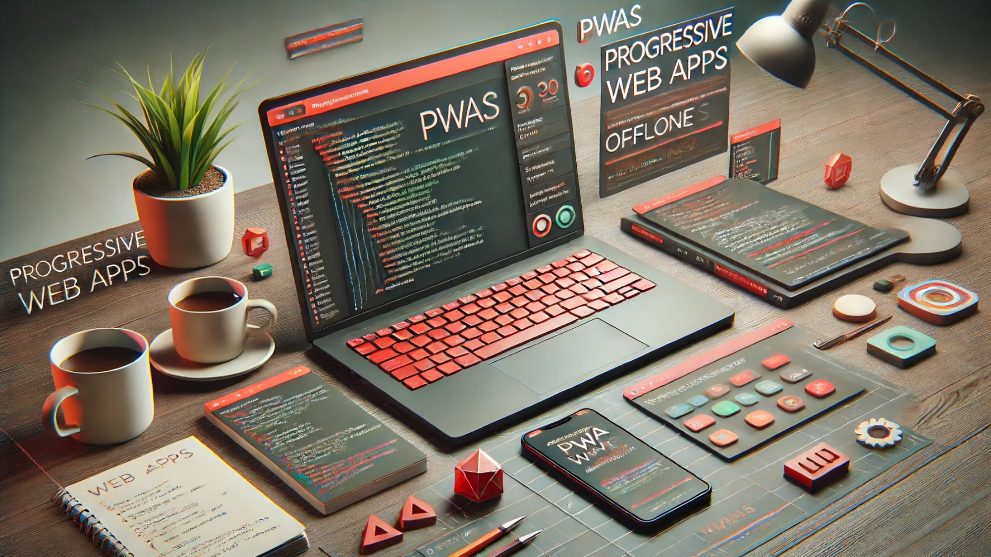 A highly realistic and 3D-looking horizontal photograph showcasing the concept of Progressive Web Apps (PWAs) in web development. The image features a