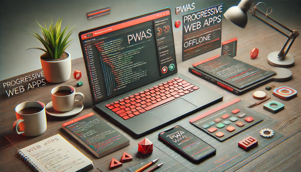 A highly realistic and 3D-looking horizontal photograph showcasing the concept of Progressive Web Apps (PWAs) in web development. The image features a